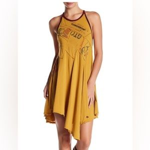 Free People Batter Up Asymmetrical Mini feed sack Dress Yellow Combo